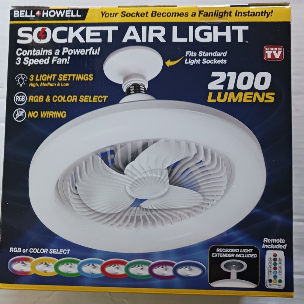 LIGHT WITH FAN - BELL & HOWELL SOCKET AIR LIGHT WITH REMOTE - 2100 LUMENS - NIB